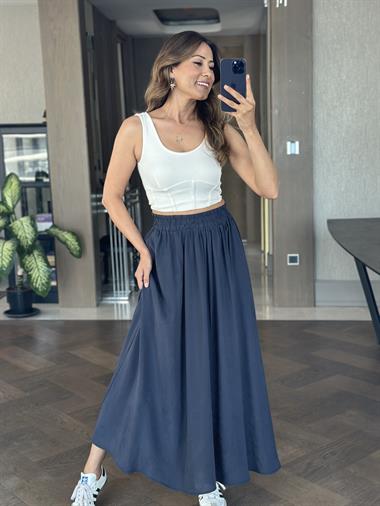 Lacivert Tnsl Kumaş Beli Lastikli Cepli Kadın Midi Boy Etek