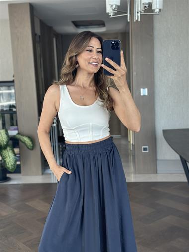 Lacivert Tnsl Kumaş Beli Lastikli Cepli Kadın Midi Boy Etek