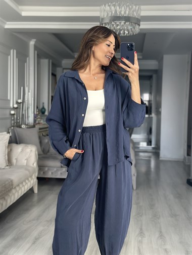 Lacivert Truvakar Kol Gömlek Balon Pantolon Kadın İkili Takım
