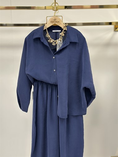 Lacivert Truvakar Kol Gömlek Balon Pantolon Kadın İkili Takım