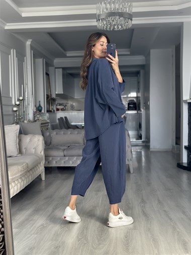 Lacivert Truvakar Kol Gömlek Balon Pantolon Kadın İkili Takım