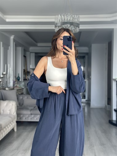 Lacivert Truvakar Kol Gömlek Balon Pantolon Kadın İkili Takım