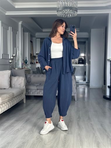 Lacivert Truvakar Kol Gömlek Balon Pantolon Kadın İkili Takım