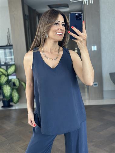 Lacivert V Yaka Bluz Bol Paça Pantolon Kadın Alt Üst Takım