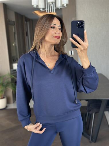 Lacivert V Yaka Kapüşonlu Kadın Sweatshirt