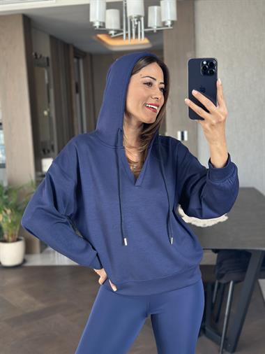 Lacivert V Yaka Kapüşonlu Kadın Sweatshirt