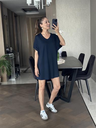 Lacivert V Yaka Yarasa Kol Lazer Kesim Kadın Elbise