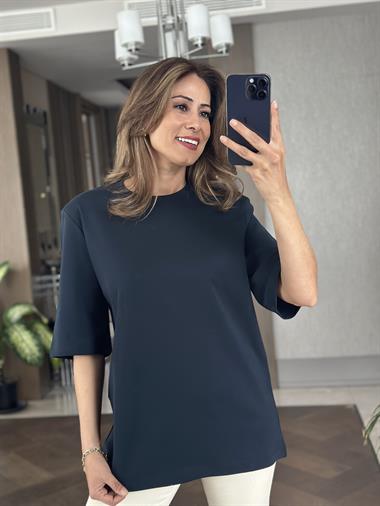 Lacivert Vatkalı Oversize Mass Model Bisiklet Yaka Kısa Kol Kadın T-Shirt