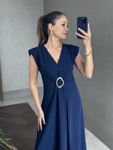 Lacivert Vatkalı V Yaka Önü Tokalı Kadın Midi Boy Elbise