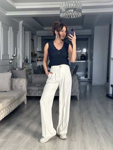 Lacivert Vintage Dantel Yaka Sıfır Kol Kadın Triko Bluz