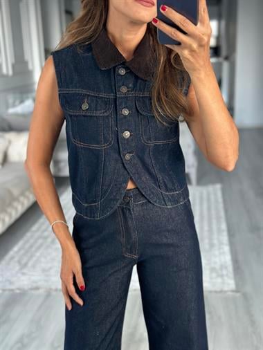 Lacivert Yakası Kadife Sıfır Kol Düğmeli Relaxed Kadın Jean Yelek