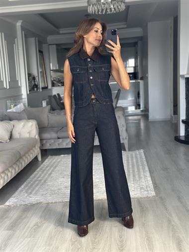 Lacivert Yakası Kadife Sıfır Kol Düğmeli Relaxed Kadın Jean Yelek