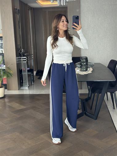 Lacivert Yanları Şeritli Bağcıklı Cepli Palazzo Kadın Eşofman Altı