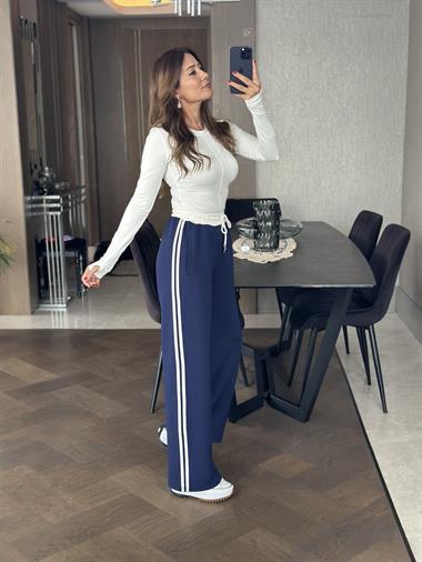 Lacivert Yanları Şeritli Bağcıklı Cepli Palazzo Kadın Eşofman Altı