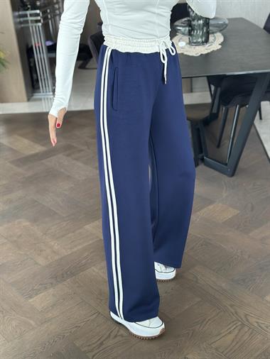 Lacivert Yanları Şeritli Bağcıklı Cepli Palazzo Kadın Eşofman Altı