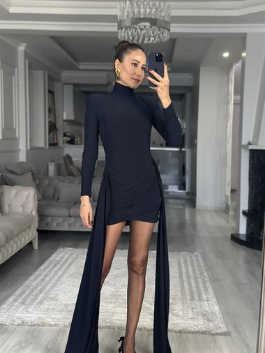 Lacivert Yarım Balıkçı Vatkalı Kuyruklu Kadın Mini Elbise