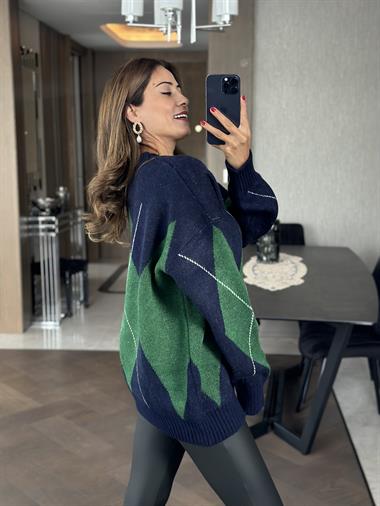 Lacivert Yeşil Baklava Desen Bisiklet Yaka Kadın Triko Kazak