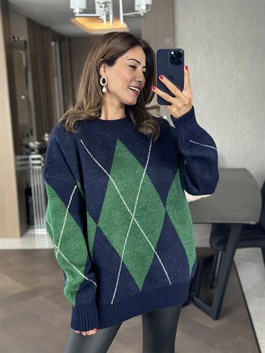 Lacivert Yeşil Baklava Desen Bisiklet Yaka Kadın Triko Kazak