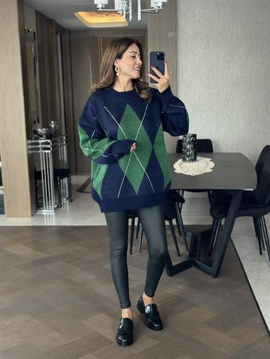 Lacivert Yeşil Baklava Desen Bisiklet Yaka Kadın Triko Kazak