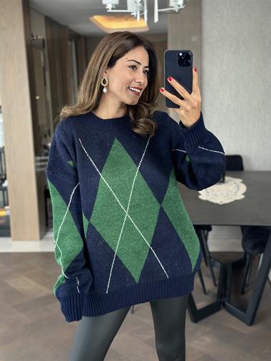 Lacivert Yeşil Baklava Desen Bisiklet Yaka Kadın Triko Kazak