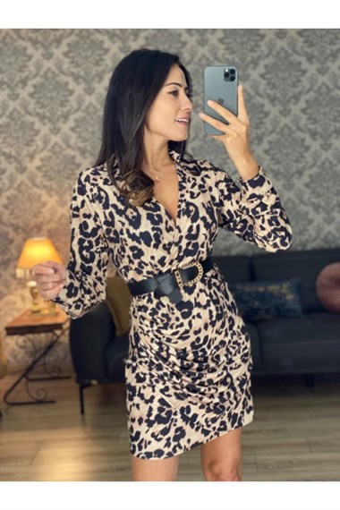 Leopar Yandan Büzgülü Elbise