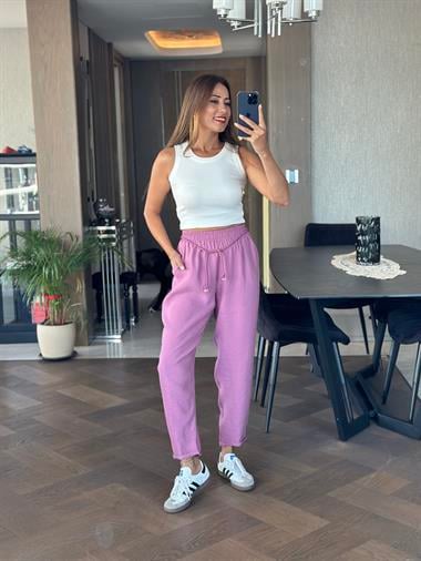 Leylak Duble Paça Örgü Kemerli Tnsel Kadın Pantolon