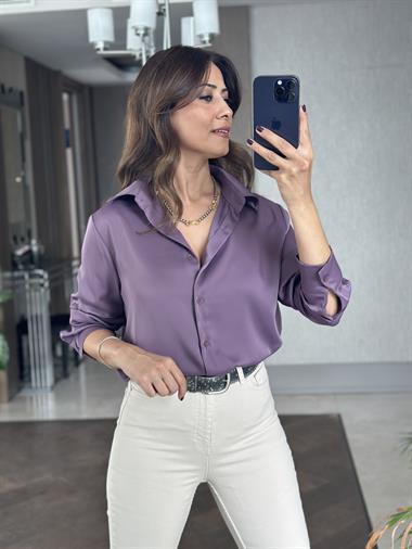 Leylak Karol Uzun Kol Saten Kadın Gömlek