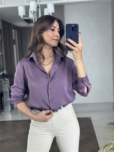 Leylak Karol Uzun Kol Saten Kadın Gömlek