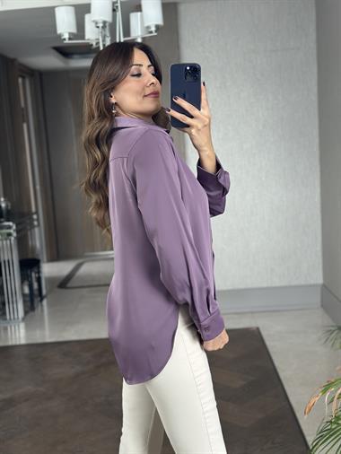 Leylak Karol Uzun Kol Saten Kadın Gömlek