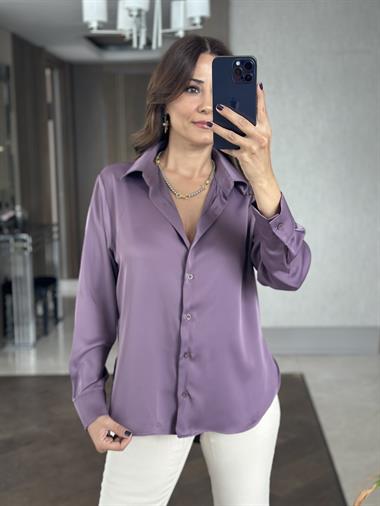 Leylak Karol Uzun Kol Saten Kadın Gömlek