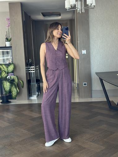 Leylak Keten Aerobin Yelek Pantolon Kadın Takım