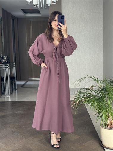 Leylak Müslin Önü Bağcıklı Kol Ucu Lastikli Kadın Midi Boy Elbise