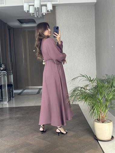 Leylak Müslin Önü Bağcıklı Kol Ucu Lastikli Kadın Midi Boy Elbise