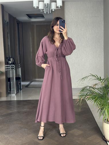 Leylak Müslin Önü Bağcıklı Kol Ucu Lastikli Kadın Midi Boy Elbise