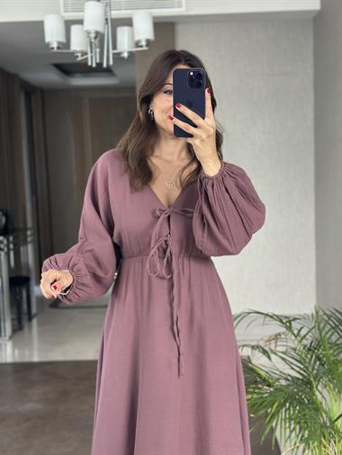 Leylak Müslin Önü Bağcıklı Kol Ucu Lastikli Kadın Midi Boy Elbise