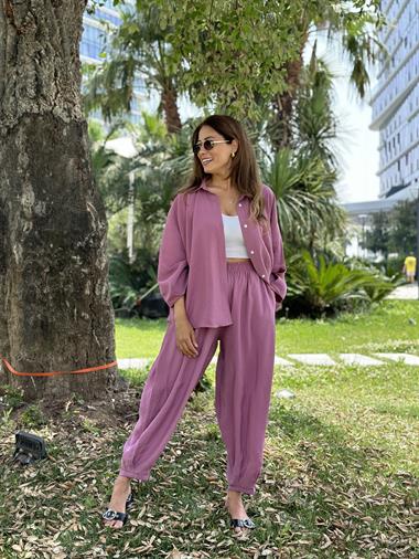 Leylak Truvakar Kol Gömlek Balon Pantolon Kadın Tnsel Alt Üst Takım