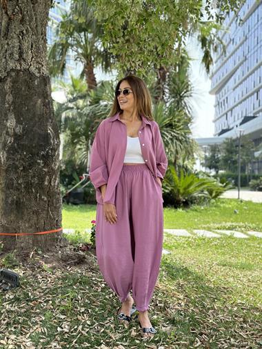 Leylak Truvakar Kol Gömlek Balon Pantolon Kadın Tnsel Alt Üst Takım