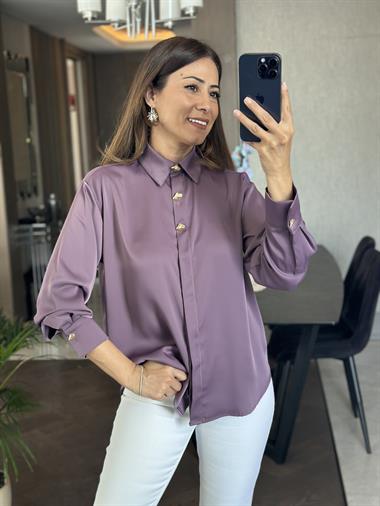 Leylak Yakası Ve Kolları Gold Düğme Detay Kadın Saten Gömlek