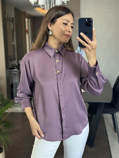 Leylak Yakası Ve Kolları Gold Düğme Detay Kadın Saten Gömlek