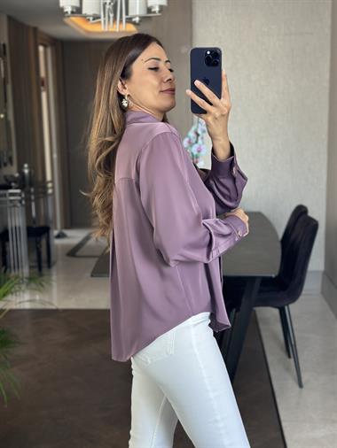 Leylak Yakası Ve Kolları Gold Düğme Detay Kadın Saten Gömlek