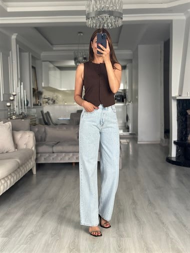 Light Blue Ön Arka Taşlı Wide Leg Kadın Jean Pantolon