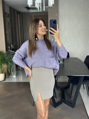 Lila Bisiklet Yaka Salaş Cepli Triko Kadın Kazak