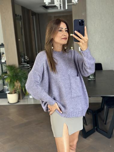 Lila Bisiklet Yaka Salaş Cepli Triko Kadın Kazak