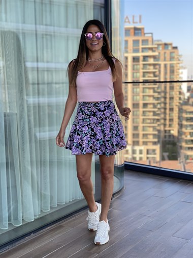 Lila Çiçek Desen Kuşaklı Şort Etek