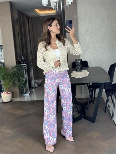Lila Çiçek Desenli Beli Lastikli Bürümcük Kadın Pantolon