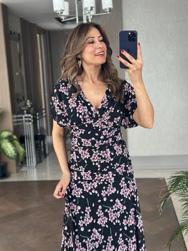 Lila Çiçek Desenli V Yaka Bel Detay Maksi Boy Şifon Kadın Elbise 