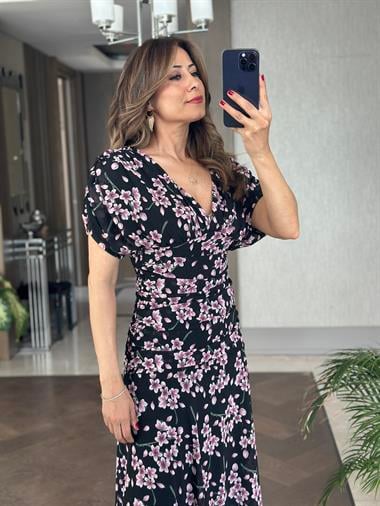Lila Çiçek Desenli V Yaka Bel Detay Maksi Boy Şifon Kadın Elbise 