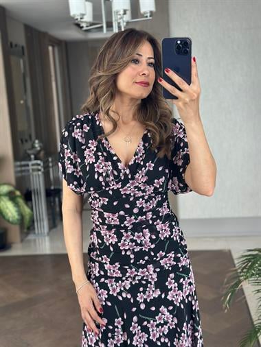 Lila Çiçek Desenli V Yaka Bel Detay Maksi Boy Şifon Kadın Elbise 