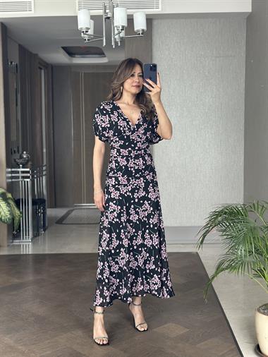 Lila Çiçek Desenli V Yaka Bel Detay Maksi Boy Şifon Kadın Elbise 