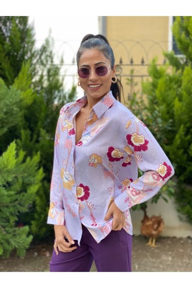 Lila Çiçekli Saten Gömlek